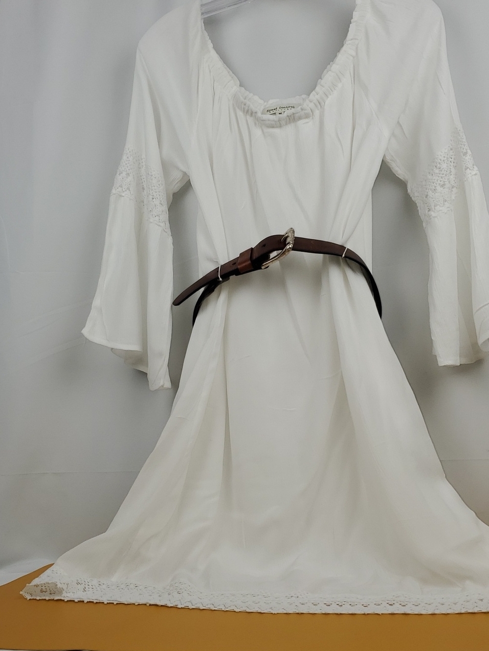 White Boho Bell-Sleeve Dress pictured with a Fossil Brown Belt (sold seperately)
